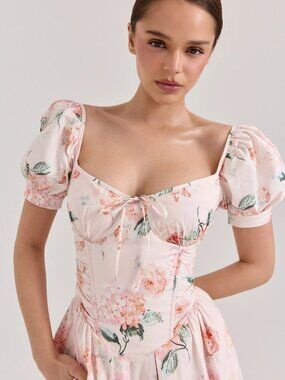 🌸 NEW House of CB Lulabell Peach Floral Cotton Puff Sleeve Midi Dress S 💕